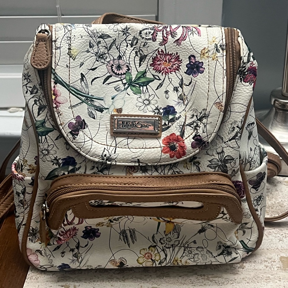 MultiSac Floral Print Women's Backpack in Cream and Brown Trim